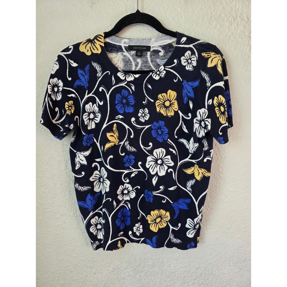 Ann Taylor Floral Sweater XS Navy Blue Yellow Cotton Knit Cottagecore Top